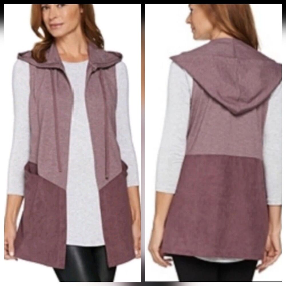 LOGO Lounge By Lori Goldstein Cardigan Vest Size MS Hooded Pockets Open Front